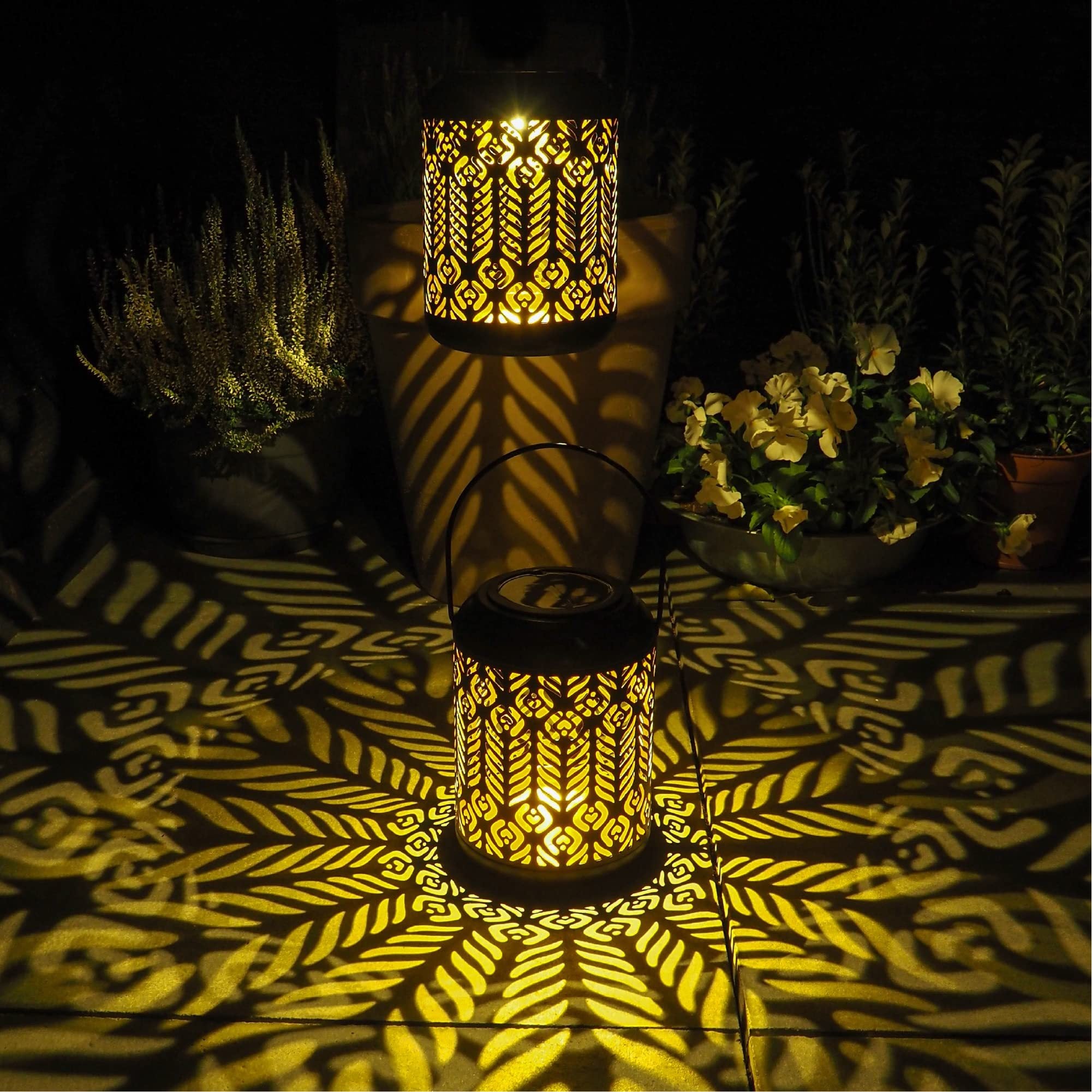 Decorative lantern casting patterns on a dark surface with plants in the background
