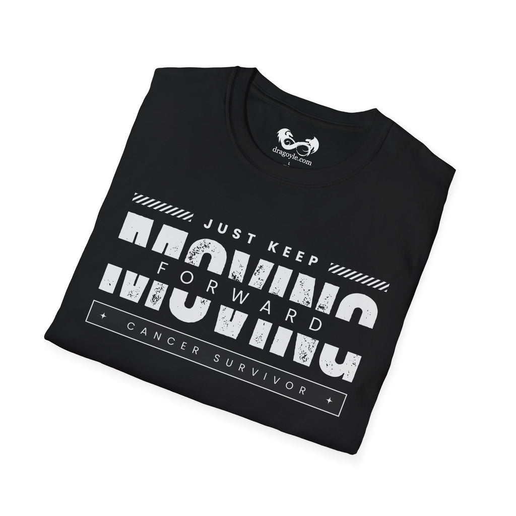This unisex t-shirt is a canvas for self-expression, crafted for those who embrace resilience. With the phrase "Just Keep Moving Forward - Cancer Survivor" emblazoned across the chest, it celebrates strength and spirit.