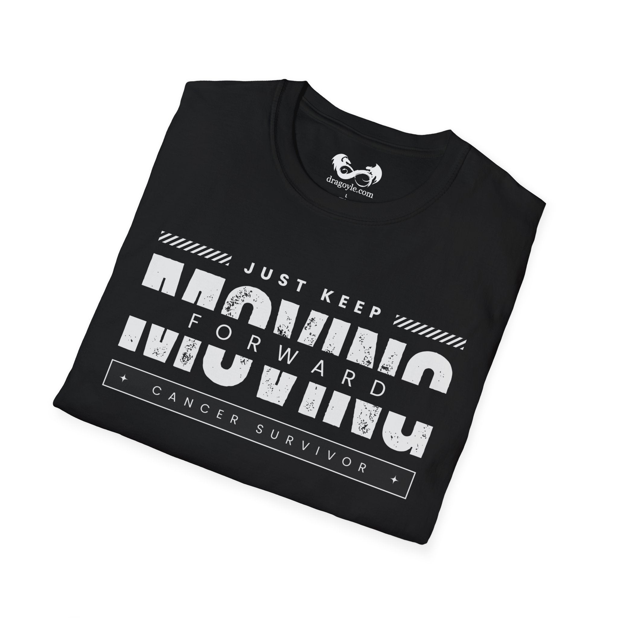 This unisex t-shirt is a canvas for self-expression, crafted for those who embrace resilience. With the phrase "Just Keep Moving Forward - Cancer Survivor" emblazoned across the chest, it celebrates strength and spirit.