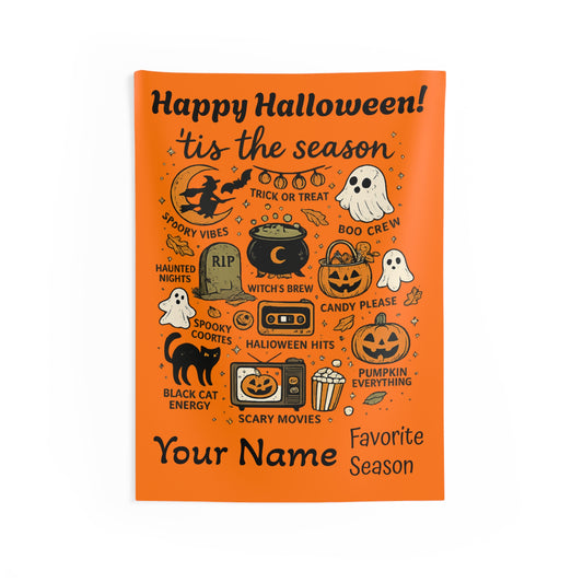 An orange Halloween-themed greeting card with black text and illustrations, including 'Happy Halloween! This is the season,' spooky icons like a witch, ghost, cauldron, pumpkin, and cassette tape, and customizable text reading 'Your Name' and 'Favorite Season.'.