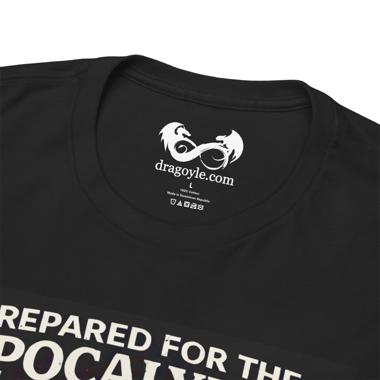 Black t-shirt with white text and dragoyle.com logo on a white background