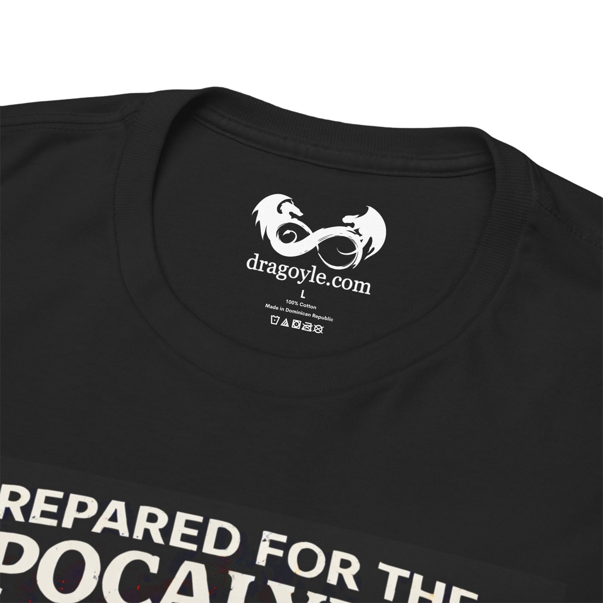 Black t-shirt with white text and dragoyle.com logo on a white background