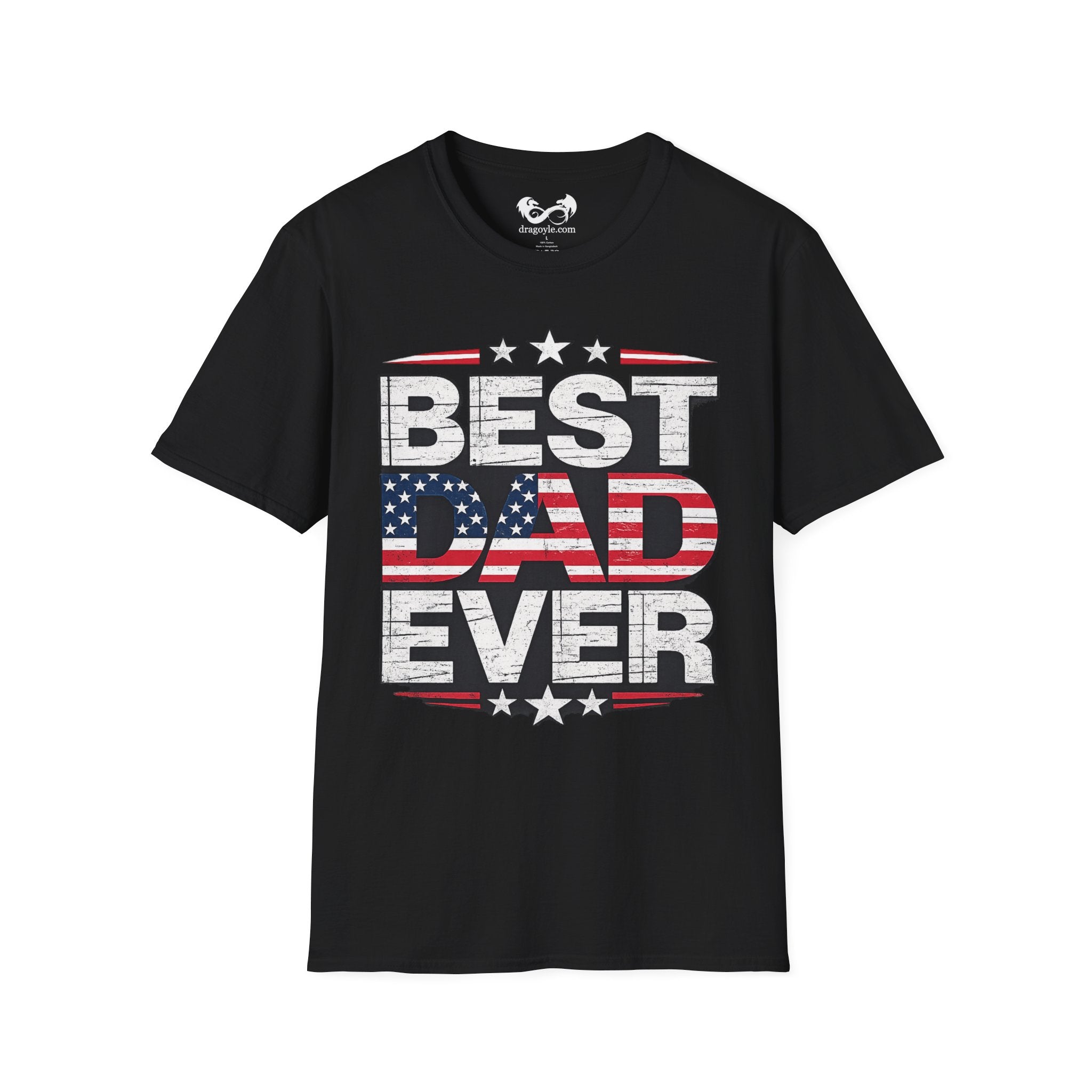 Black t-shirt with 'Best Dad Ever' text and American flag design on a white background