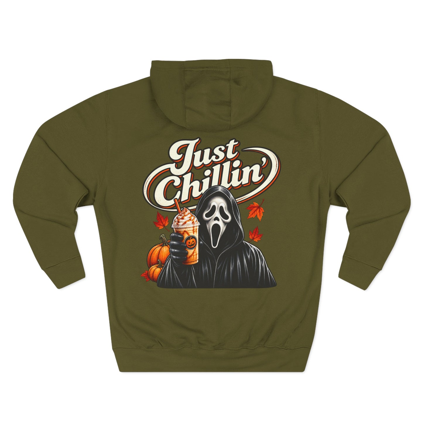 An olive green hoodie shown from the back, featuring a graphic print of the Ghostface character holding an iced coffee with pumpkin and autumn leaf accents, and the text 'Just Chillin'' in white and orange.