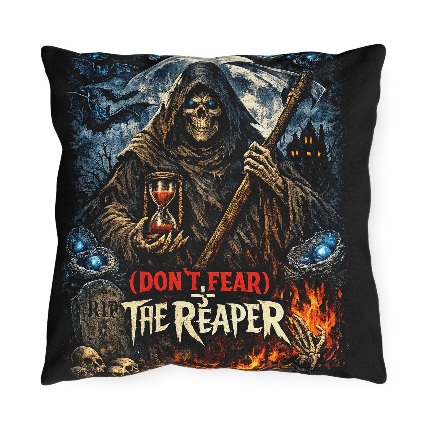 A square throw pillow with a black background featuring a detailed grim reaper graphic. The design shows a hooded skeleton holding an hourglass and an axe, with the text '(DON'T FEAR) THE REAPER' and 'R.