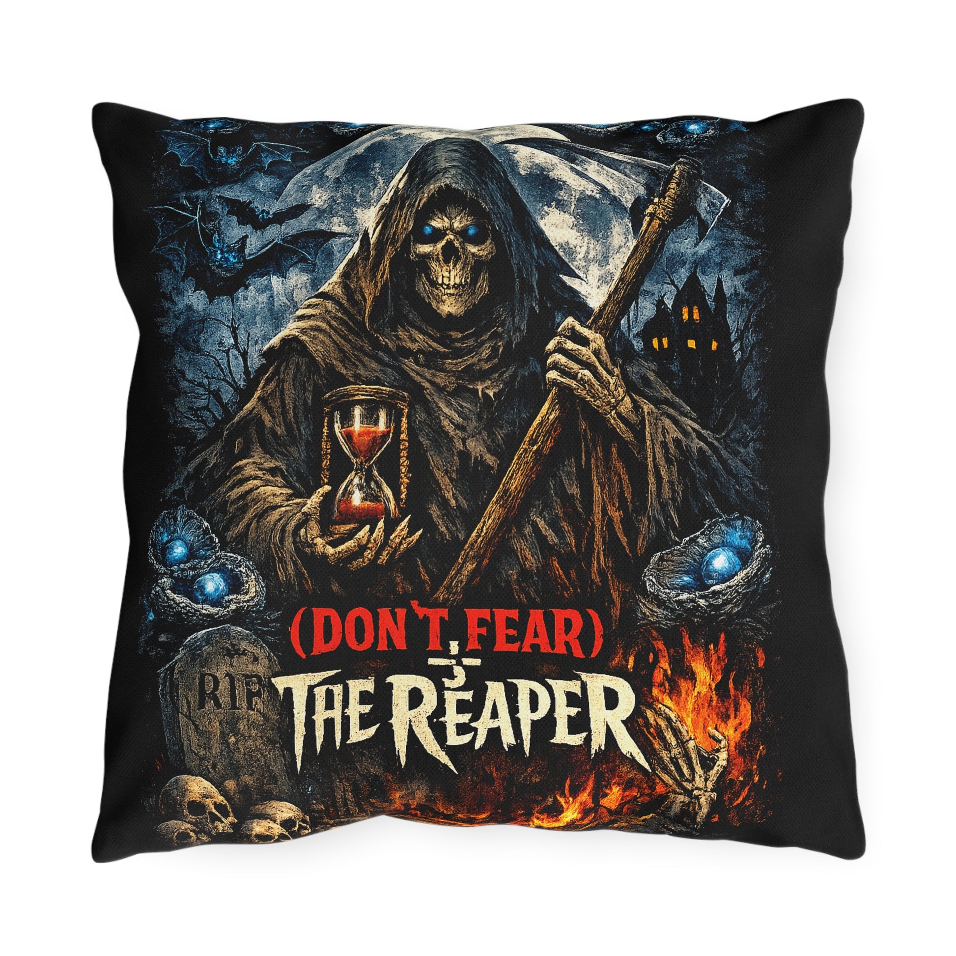A square throw pillow with a black background featuring a detailed grim reaper graphic. The design shows a hooded skeleton holding an hourglass and an axe, with the text '(DON'T FEAR) THE REAPER' and 'R.