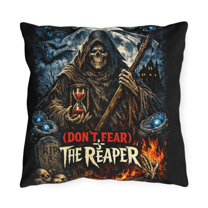 A square throw pillow with a black background featuring a detailed grim reaper graphic. The design shows a hooded skeleton holding an hourglass and an axe, with the text '(DON'T FEAR) THE REAPER' and 'R.