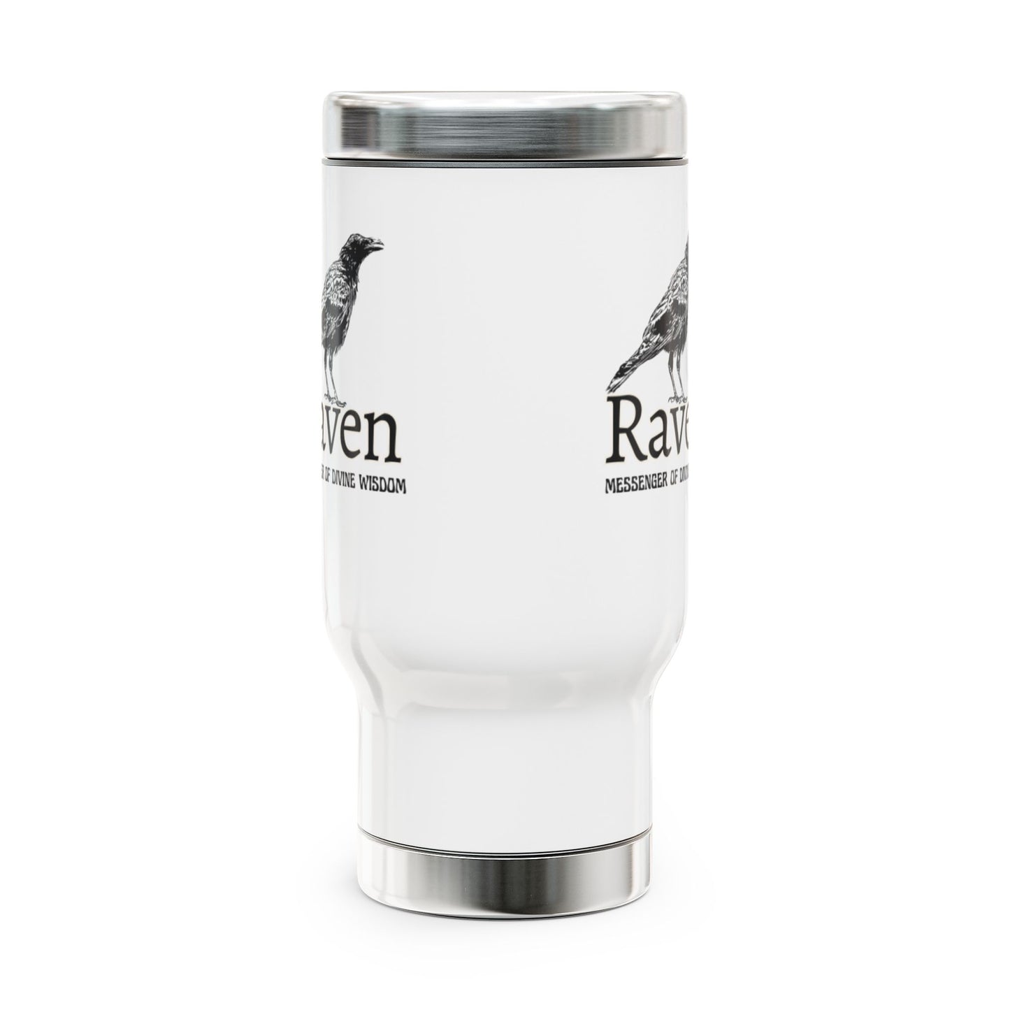 White tumbler with raven design and text on a white background