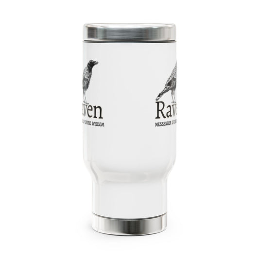 White tumbler with raven design and text on a white background