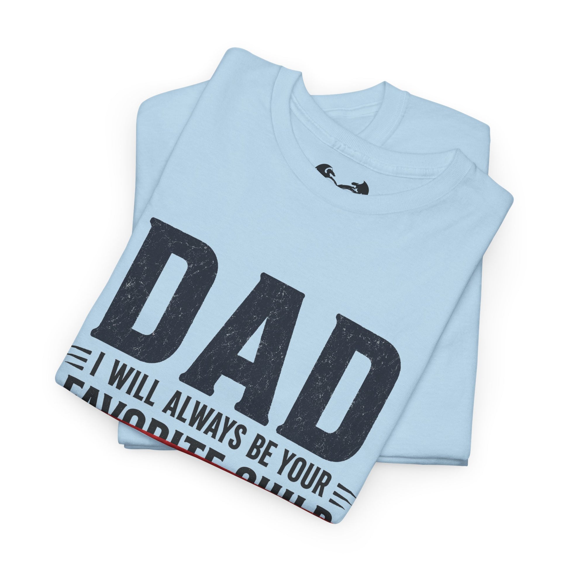 Folded light blue t-shirt with 'DAD' text on a white background