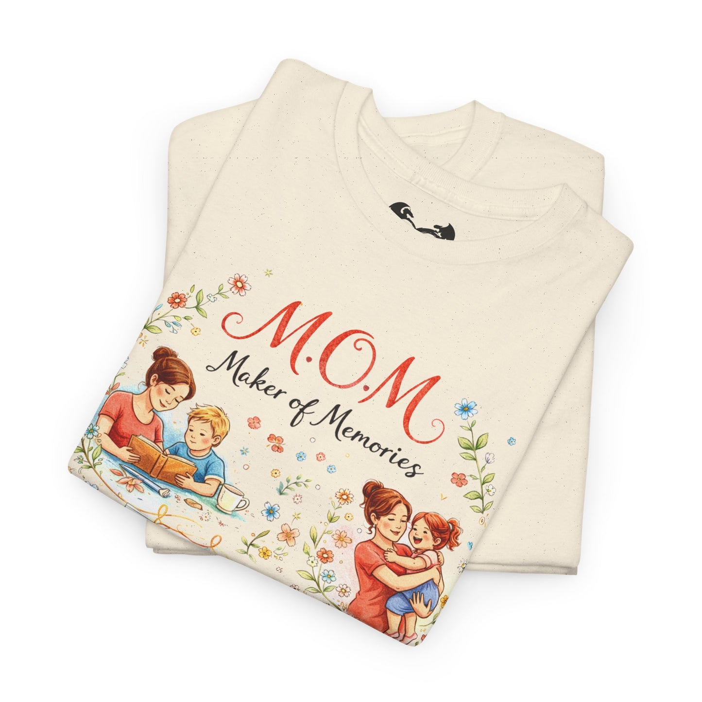 Folded t-shirt with 'MOM Maker of Memories' design on a white background