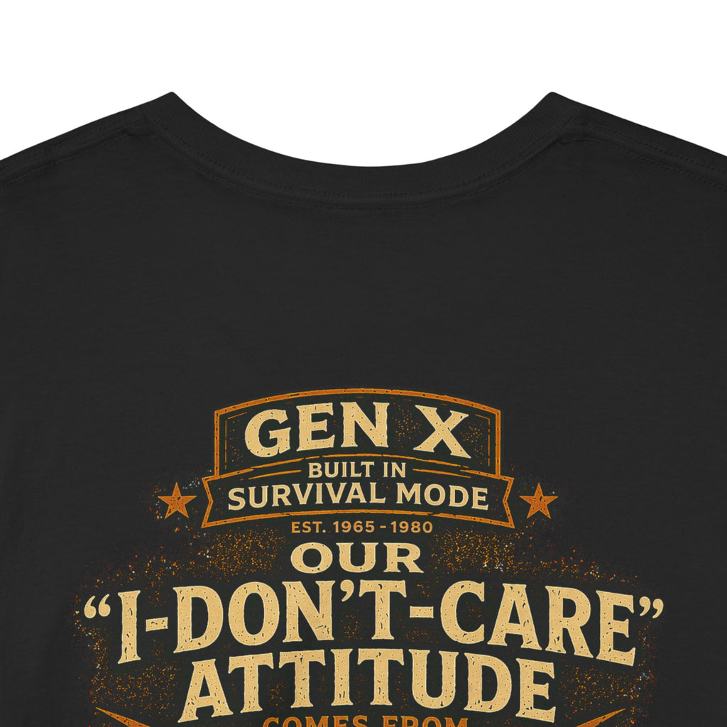 Black t-shirt with 'GEN X Built in Survival Mode' text design on a white background