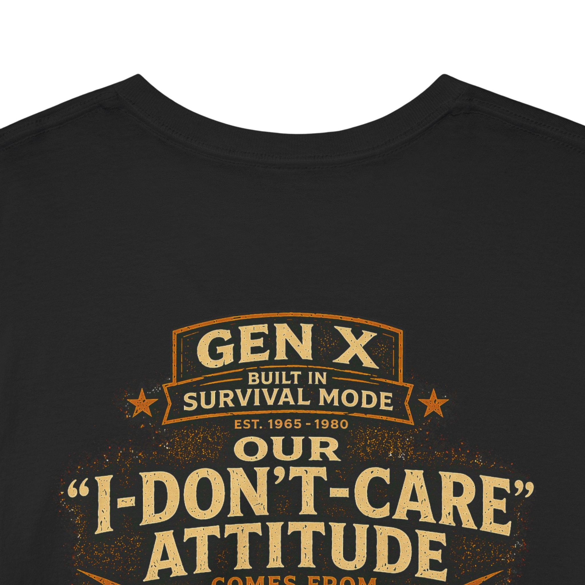 Black t-shirt with 'GEN X Built in Survival Mode' text design on a white background
