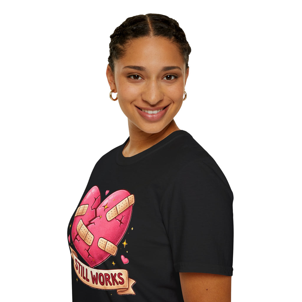 Person wearing a black t-shirt with a graphic design and text on a white background