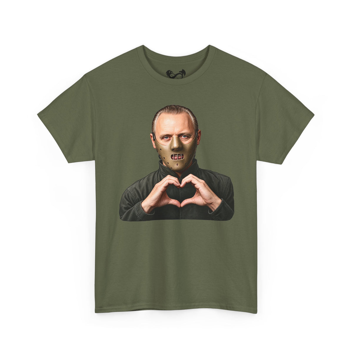 An olive green short-sleeve t-shirt with a graphic print of a man wearing a zombie mask and making a heart shape with his hands, displayed on a clean white background.