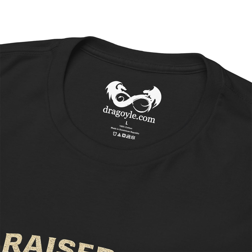 Black t-shirt with a white logo and text on a white background