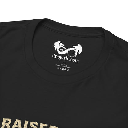 Black t-shirt with a white logo and text on a white background