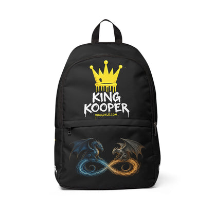 A black backpack featuring a yellow crown and white 'KING KOOPER' text on the front, with a lower graphic showing two dragons in blue and orange forming an infinity symbol. The brand 'palacenter.