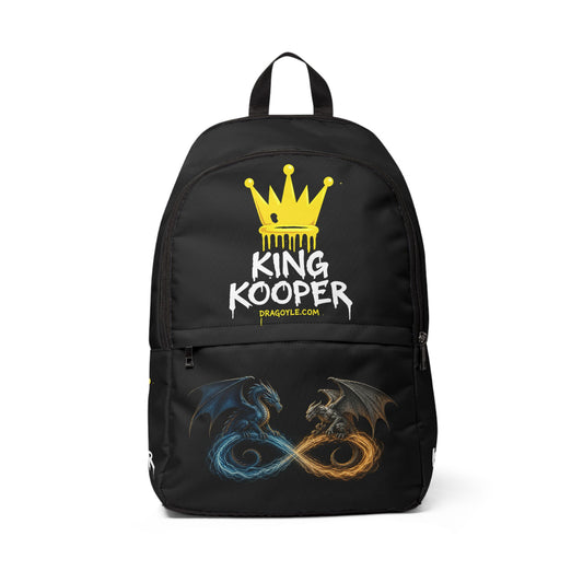 A black backpack featuring a yellow crown and white 'KING KOOPER' text on the front, with a lower graphic showing two dragons in blue and orange forming an infinity symbol. The brand 'palacenter.