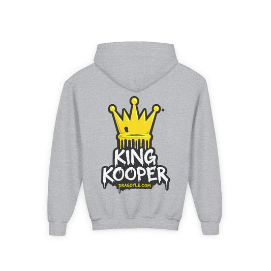 A light heather gray hoodie shown from the back, featuring a large graphic print of a yellow crown above the text 'KING KOOPER' in white with black outline, and 'DRAGOYLE.COM' below.