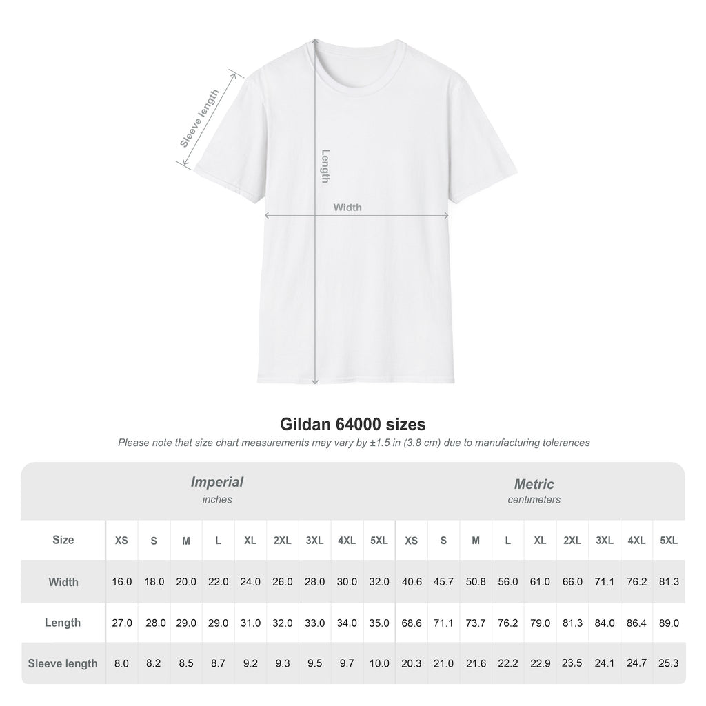 White t-shirt with size chart measurements on a white background