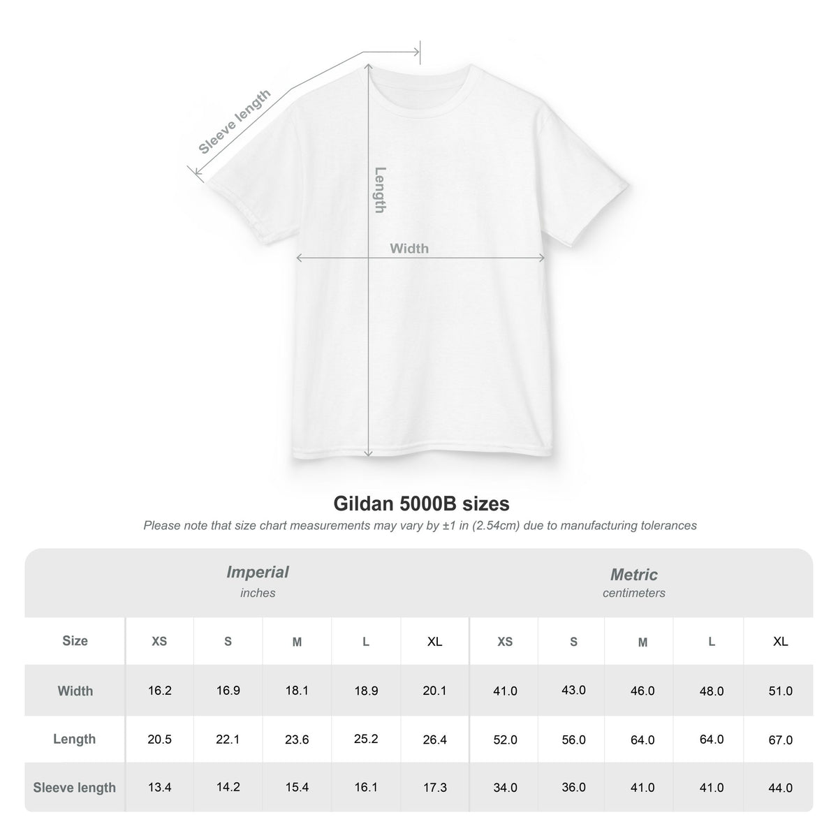 White t-shirt with measurement chart on a white background