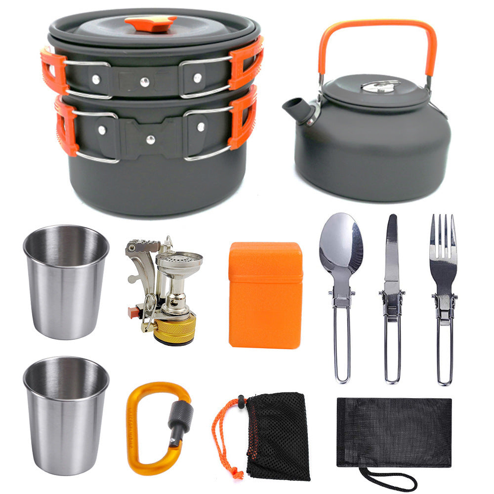 Crafted from durable aluminum, these camping cookware kits offer lightweight and efficient heat distribution for outdoor cooking. Designed for ease of use and portability, they include essential pots and pans to prepare meals effortlessly while camping. 