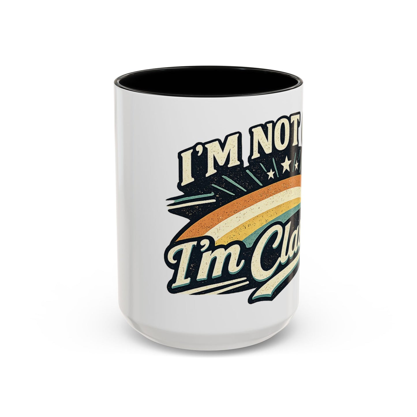 White mug with black interior, featuring a colorful graphic and text on a white background