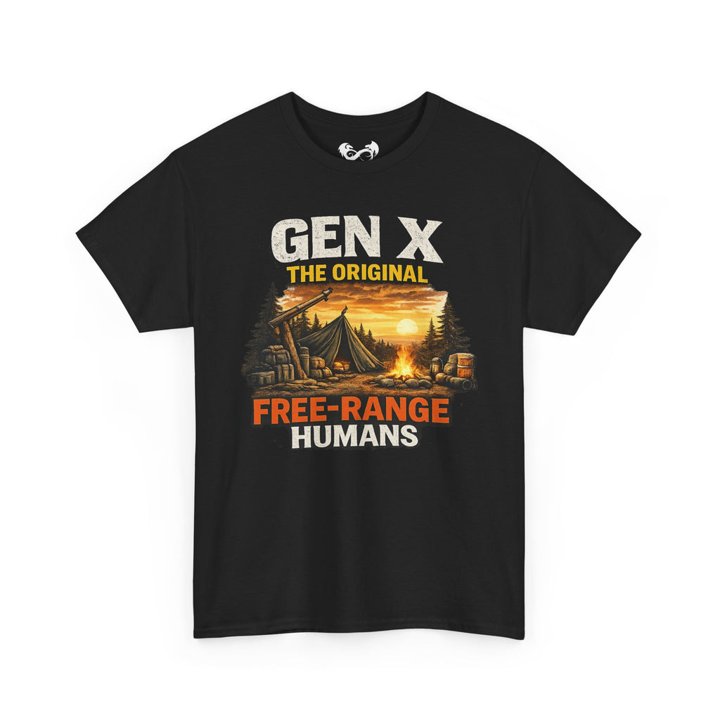 Black t-shirt with 'Gen X: The Original Free-Range Humans' graphic design on a white background