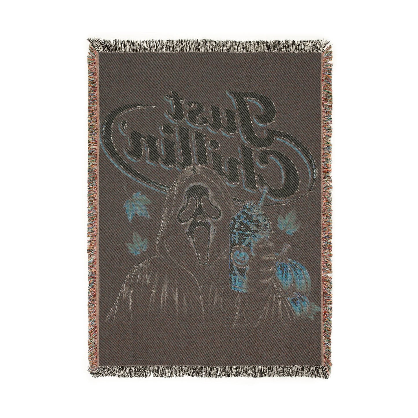 A rectangular woven throw blanket with fringe on all sides, featuring a dark brown background and a large stylized graphic of a Native American head with blue and light blue leaf accents and the text 'Black Crow'.