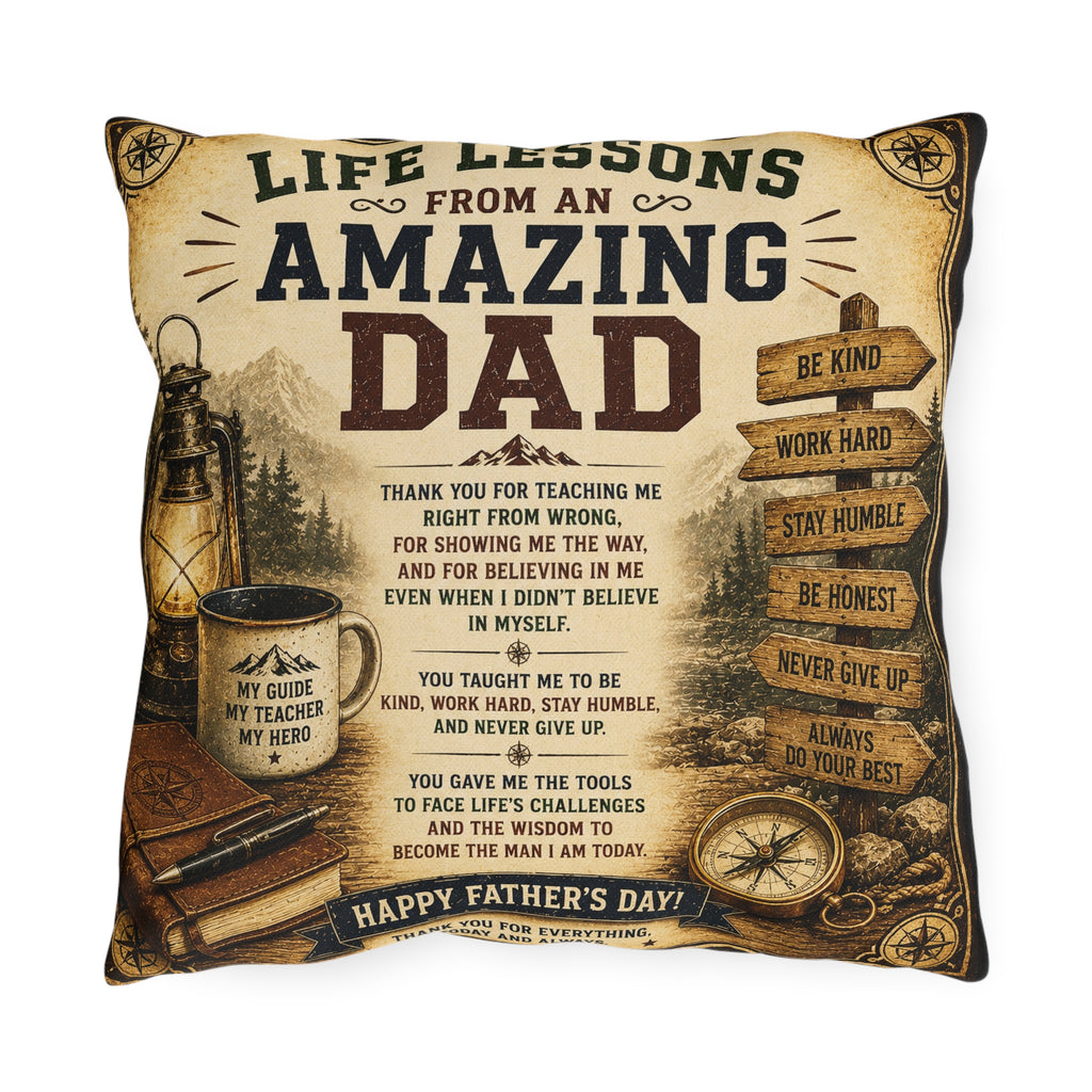 Decorative pillow with 'Life Lessons from an Amazing Dad' text and vintage design elements.