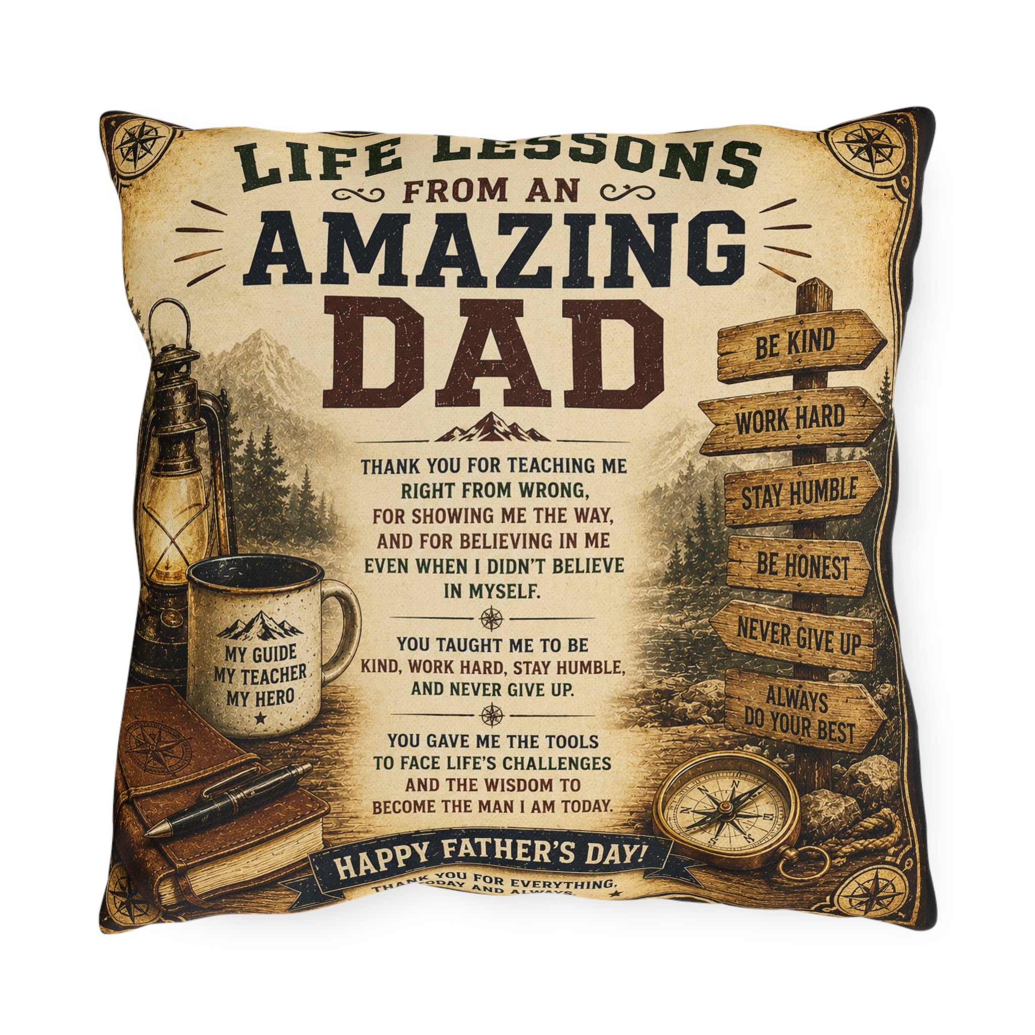 Decorative pillow with 'Life Lessons from an Amazing Dad' text and vintage design elements.
