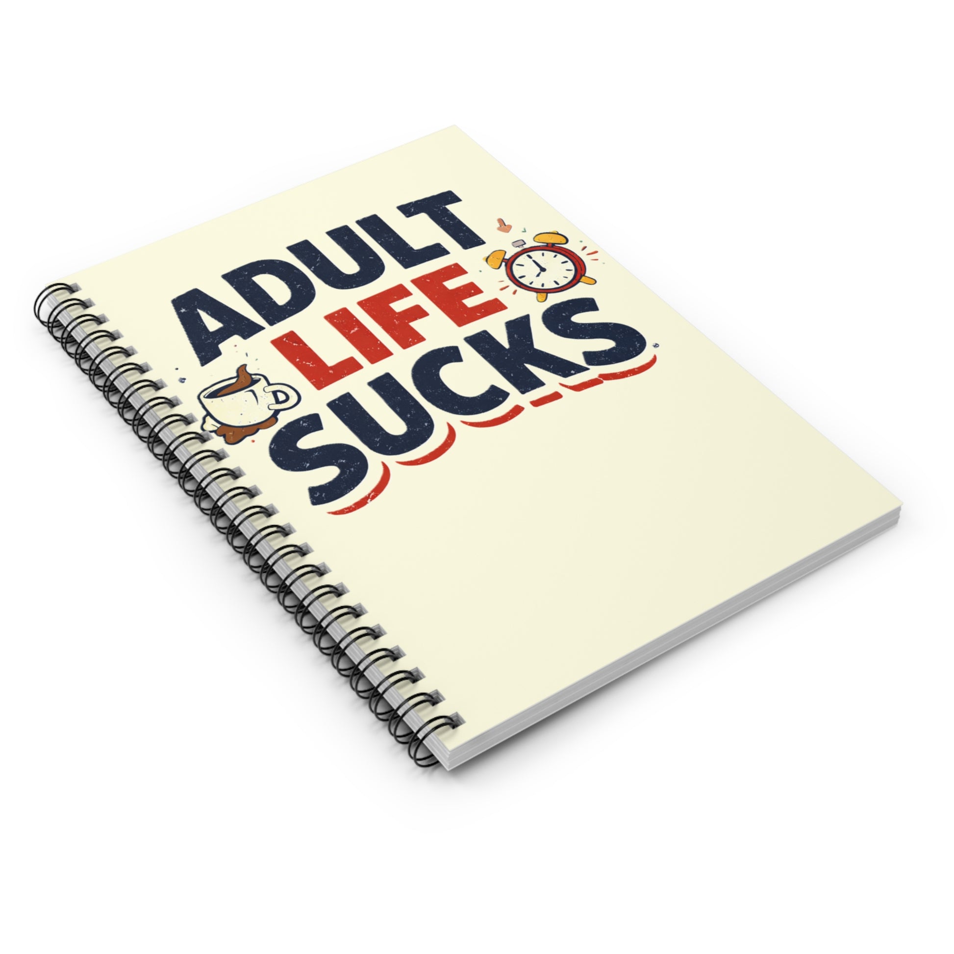Notebook with 'Adult Life Sucks' text on a white background