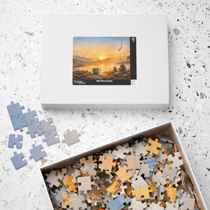 Puzzle set with a box of puzzle pieces and a completed puzzle on a textured surface