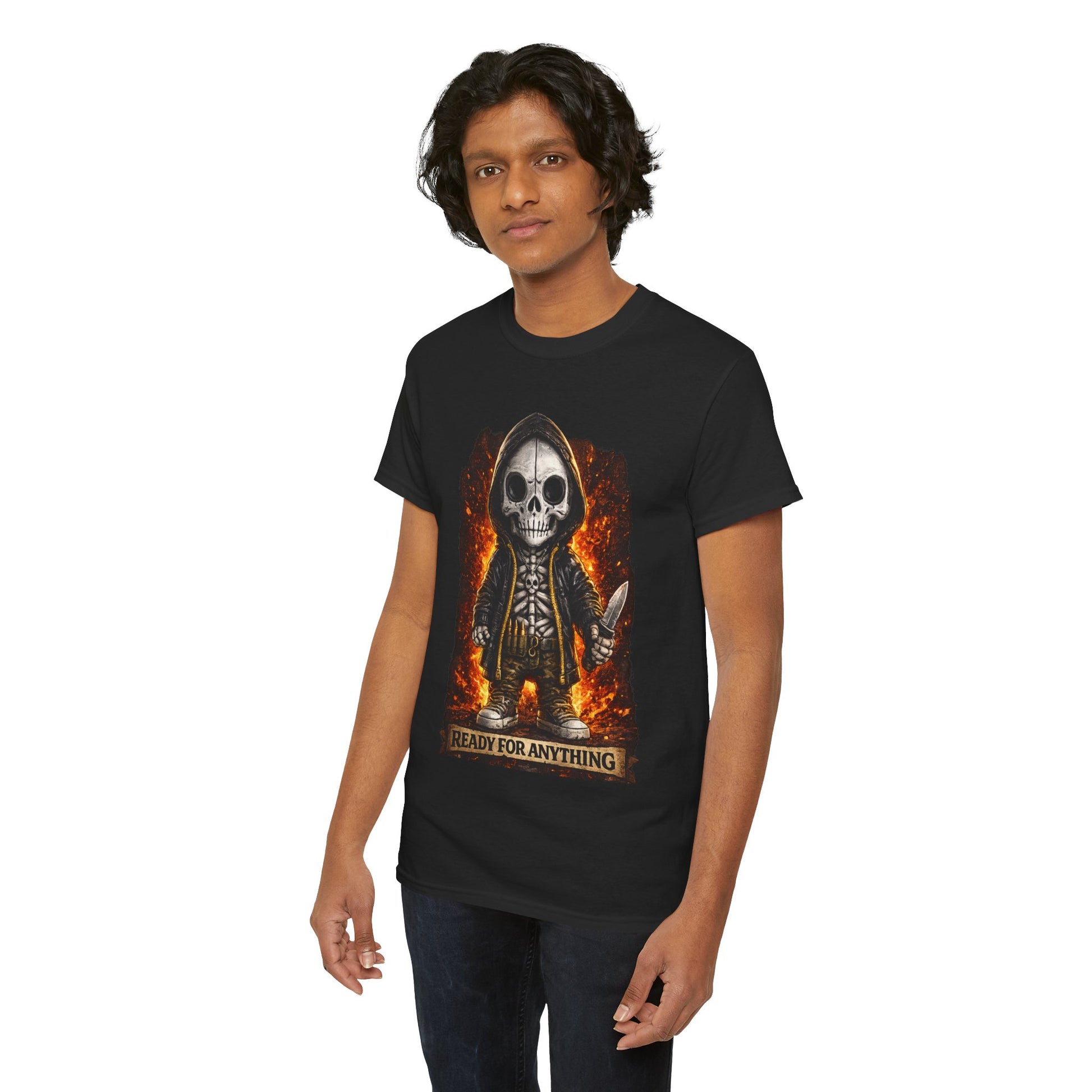 Person wearing a black t-shirt with a graphic design of a skeleton and flames on a white background