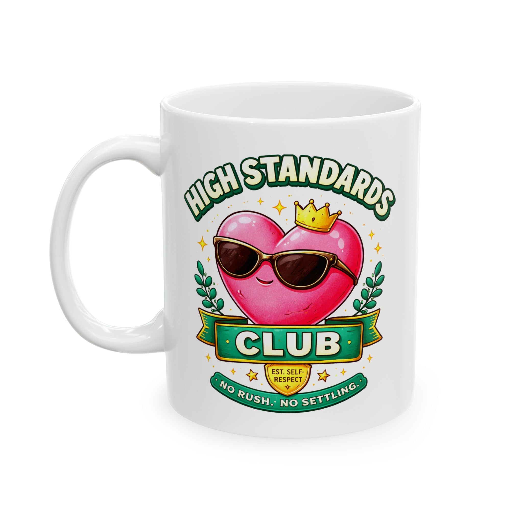 White mug with a heart design and 'High Standards Club' text on a white background