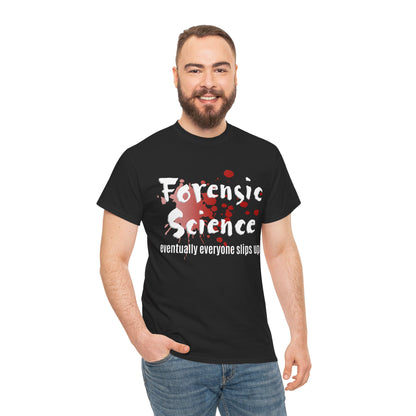 Man wearing a black t-shirt with 'Forensic Science Evidence doesn't lie' design on a white background