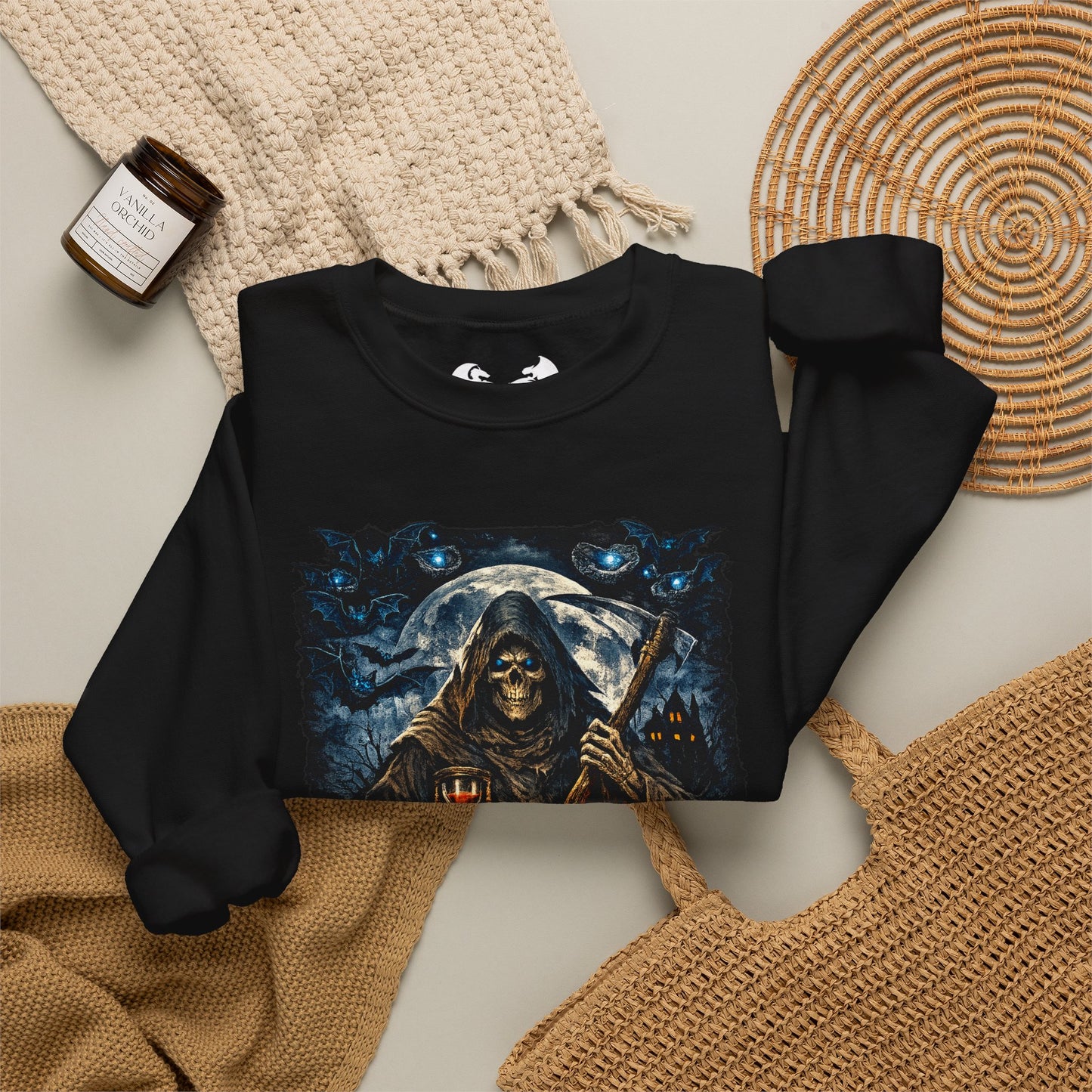Gothic Skull Grim Reaper Crewneck Sweatshirt, "I Don't Fear The Reaper"