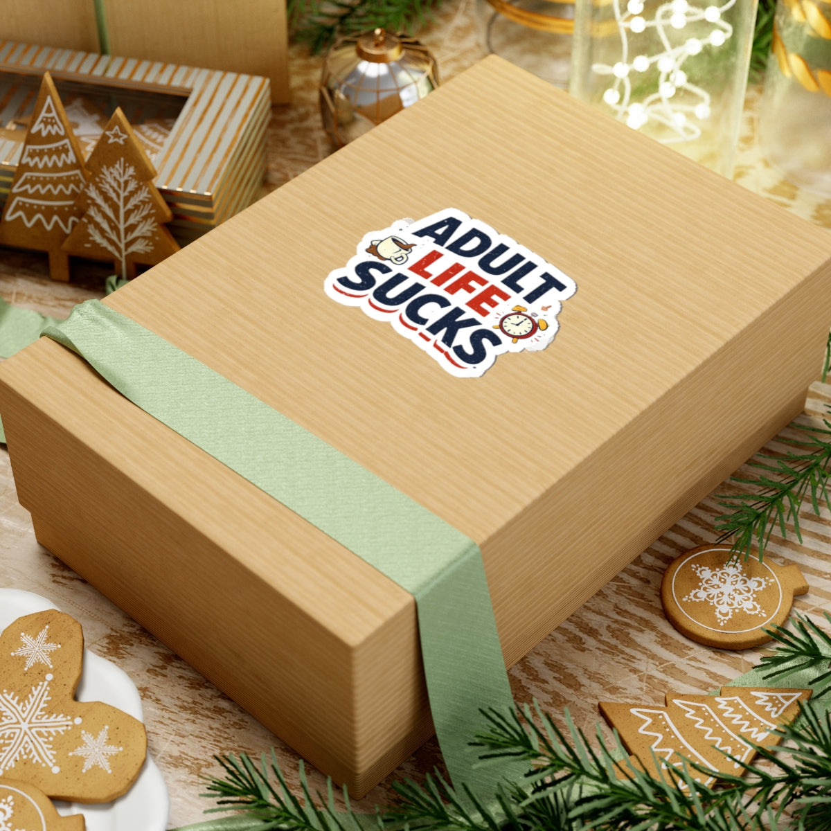 Wooden gift box with a 'Adult Life Sucks' sticker on a festive background with cookies and greenery.