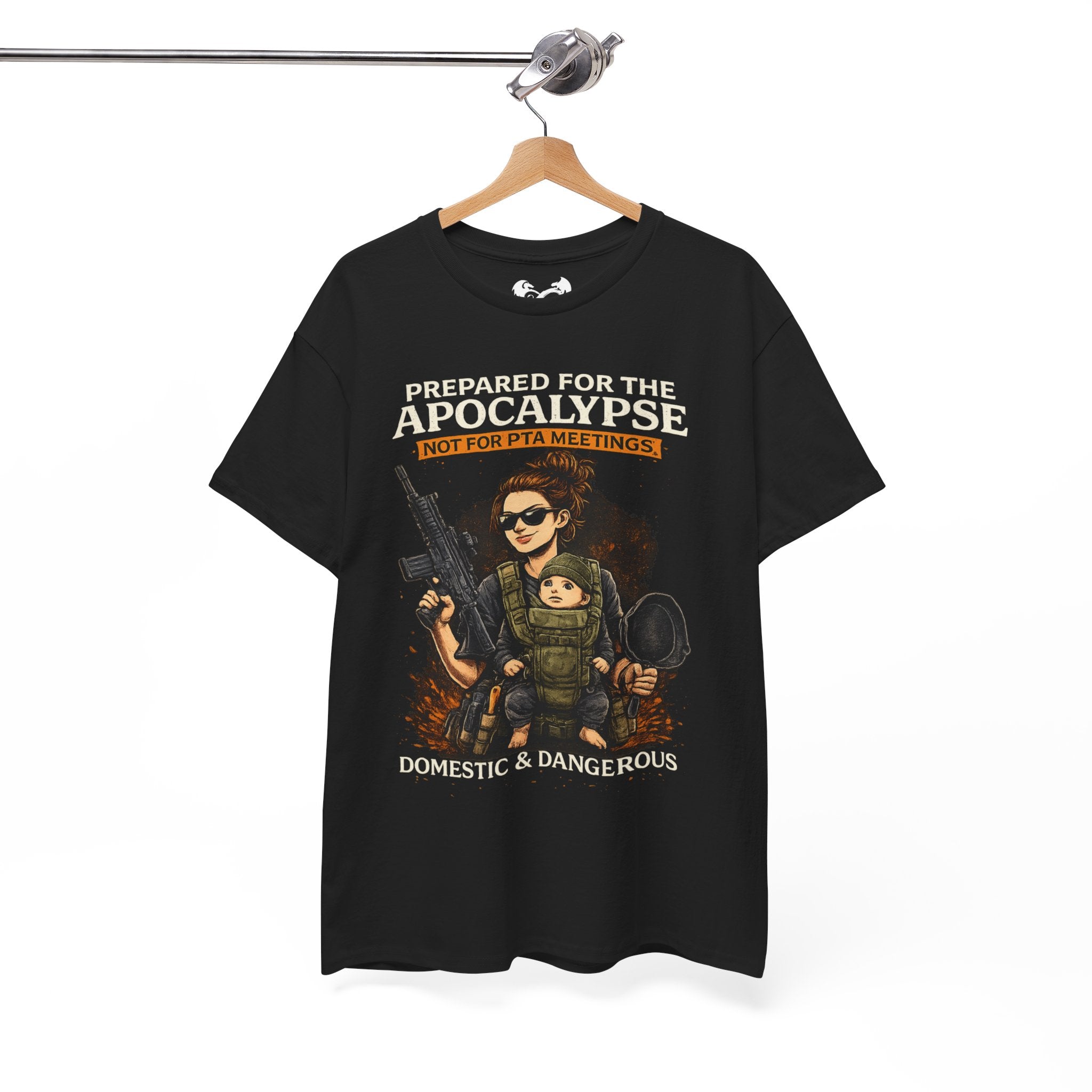 Black t-shirt with graphic design and text on a hanger against a white background