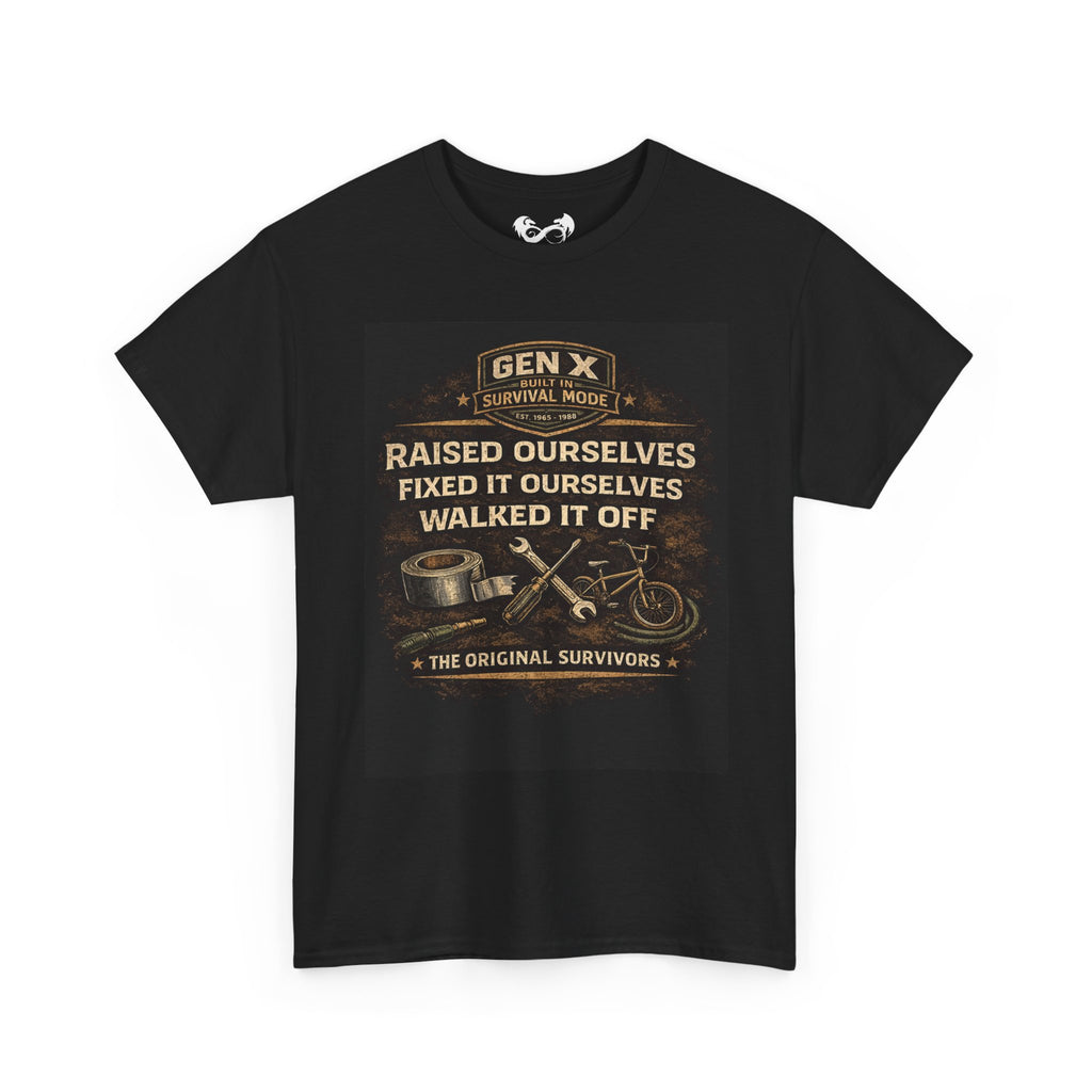 Black t-shirt with graphic design and text on a white background