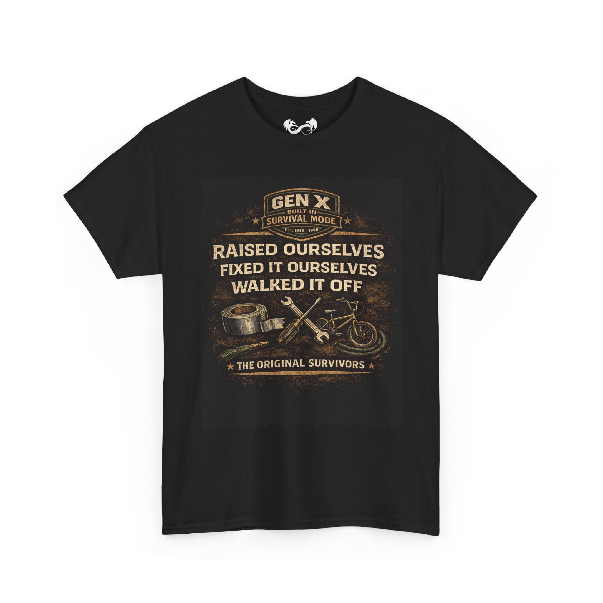 Black t-shirt with graphic design and text on a white background