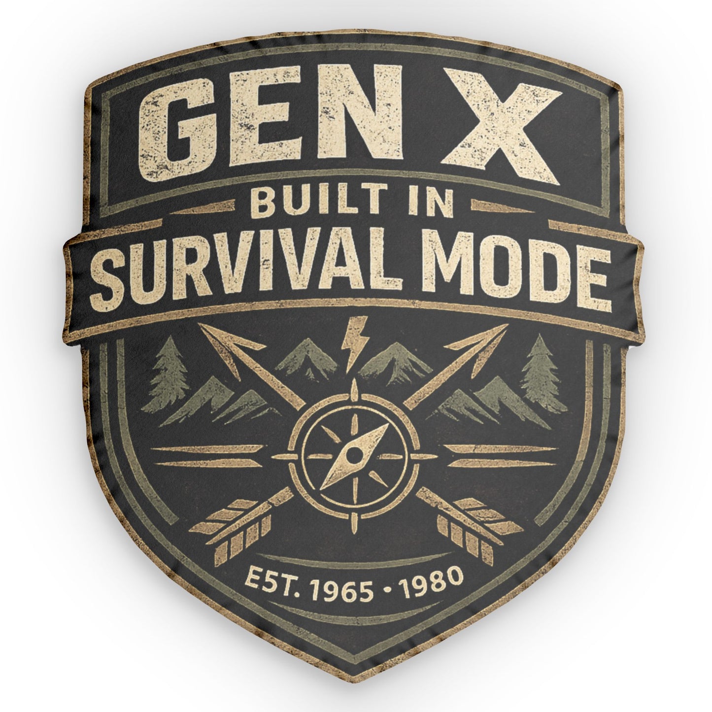 Emblem with 'GEN X Built in Survival Mode' text and compass design on a white background