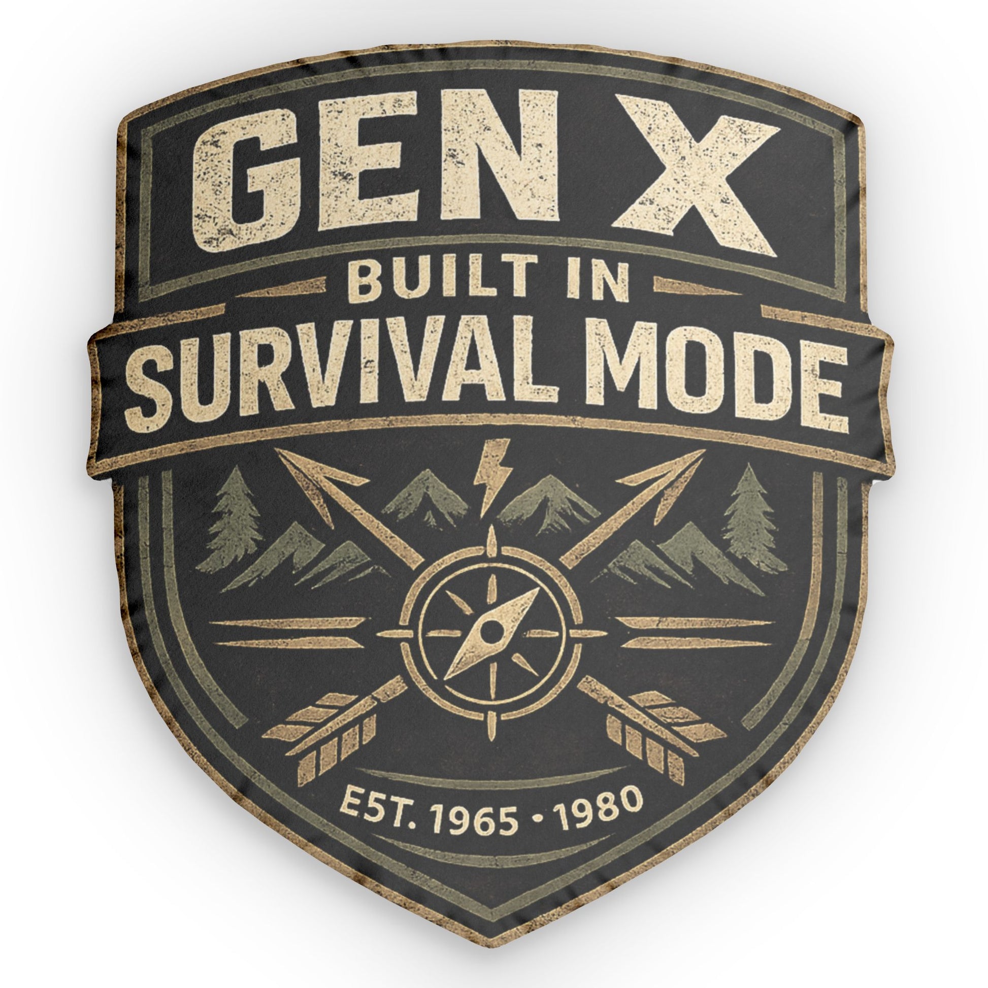 Emblem with 'GEN X Built in Survival Mode' text and compass design on a white background