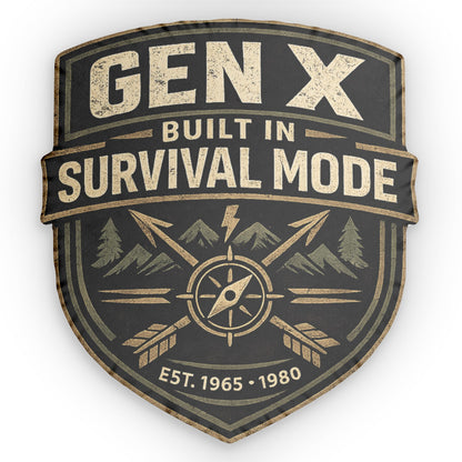 Emblem with 'GEN X Built in Survival Mode' text and compass design on a white background