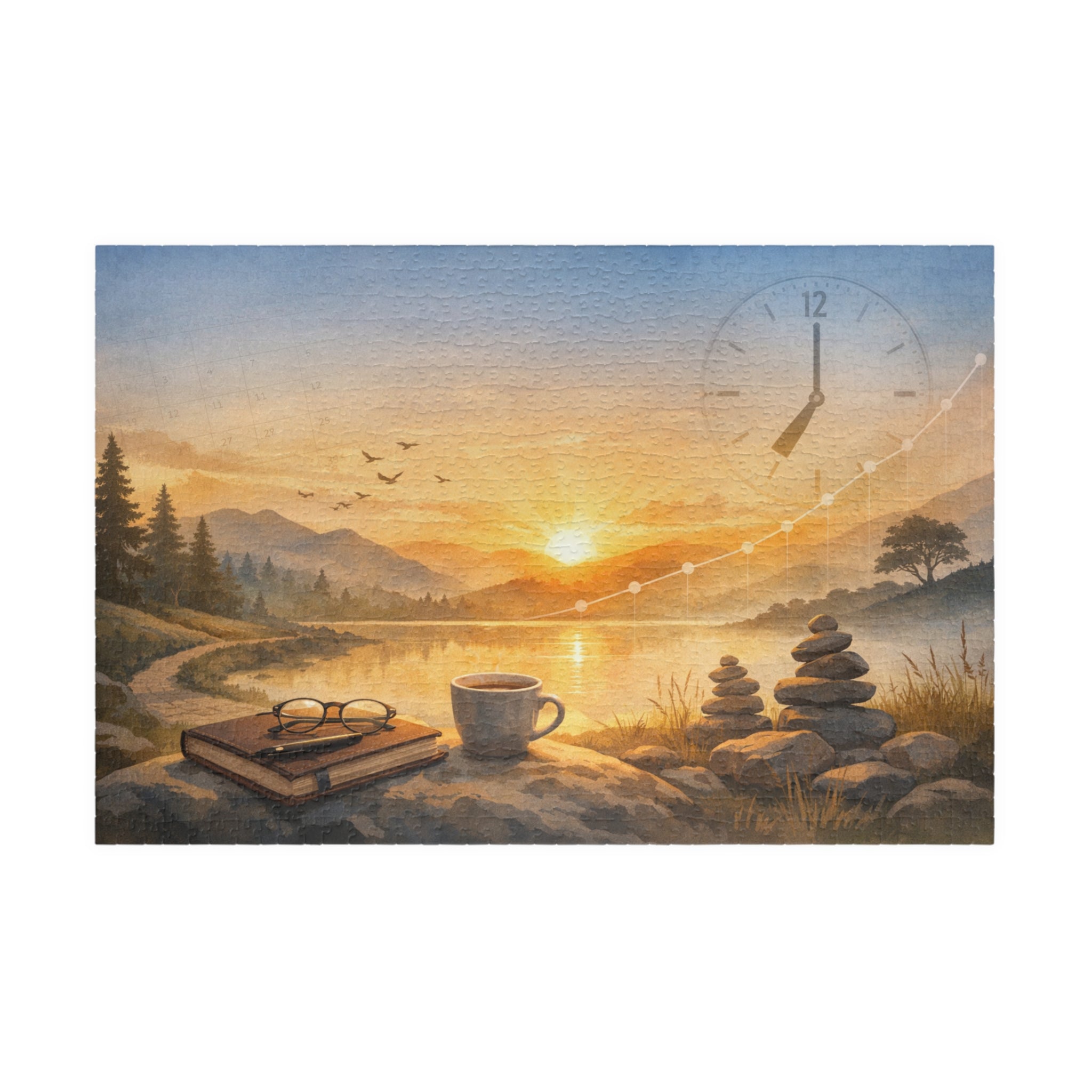 Scenic painting of a sunset over a lake with a book, coffee cup, and stones.