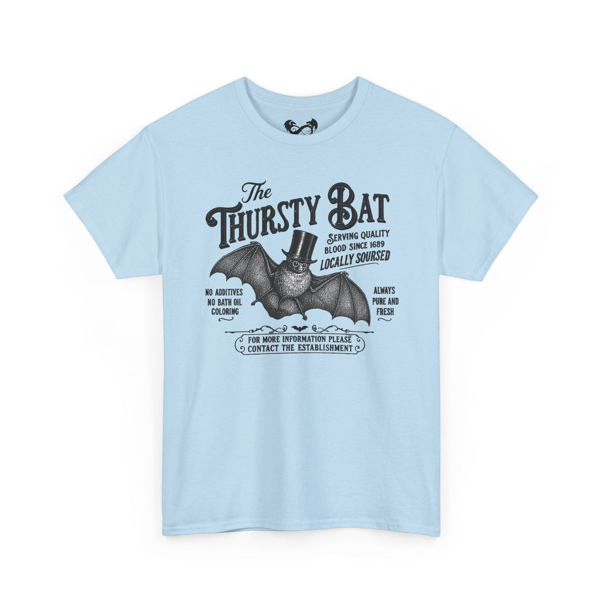 A light blue short-sleeve t-shirt with a vintage-style black graphic of a bat wearing a top hat and the text 'The Thirsty Bat'.
