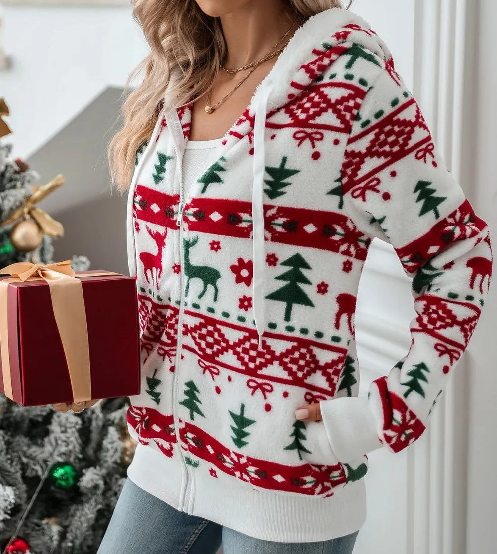 Drawstring Christmas Zip Up Hooded Jacket
