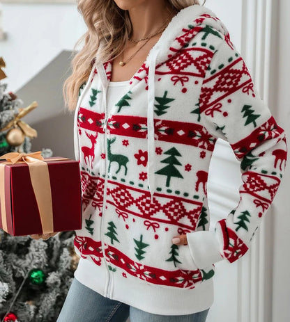 Drawstring Christmas Zip Up Hooded Jacket
