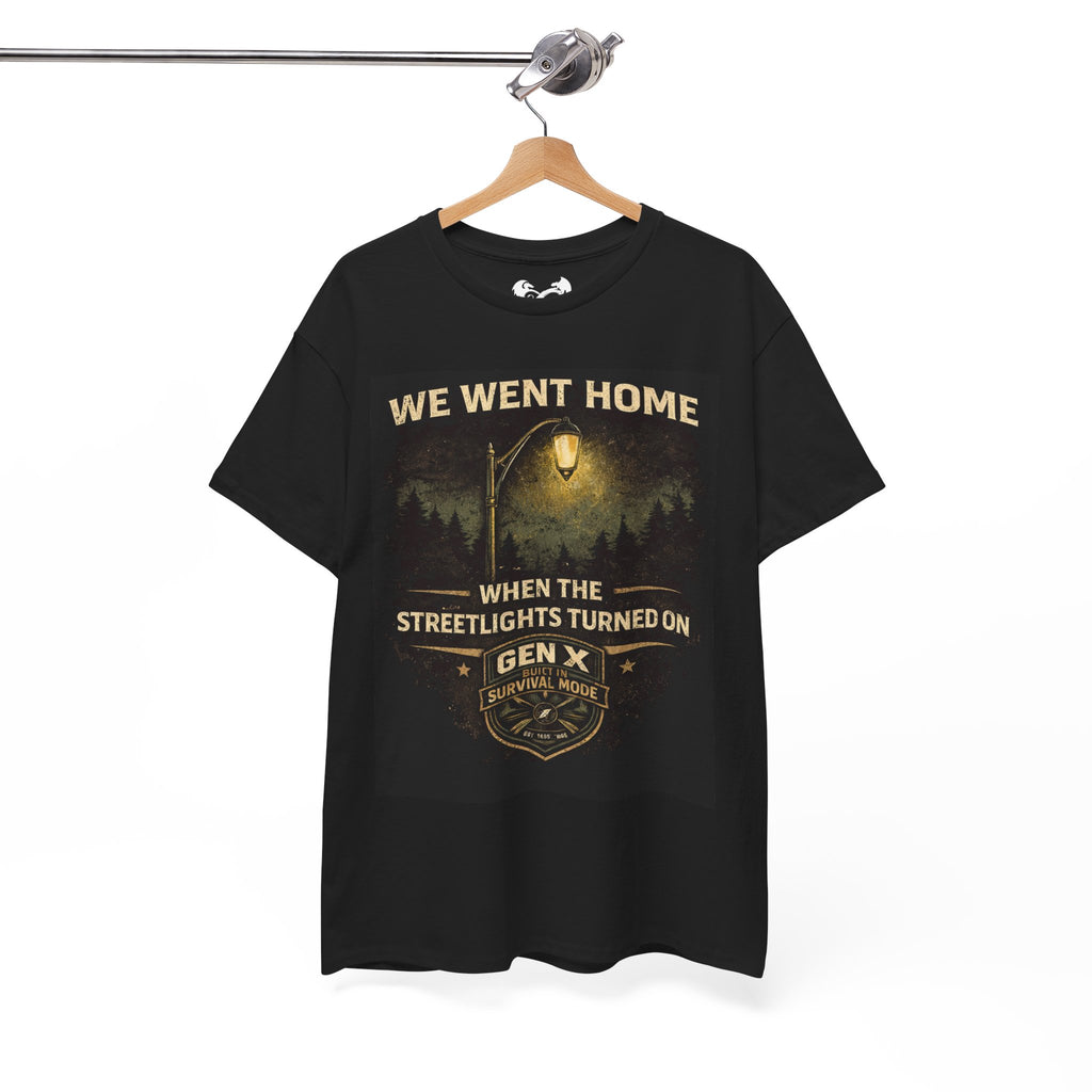 Black t-shirt with graphic design and text on a hanger against a white background